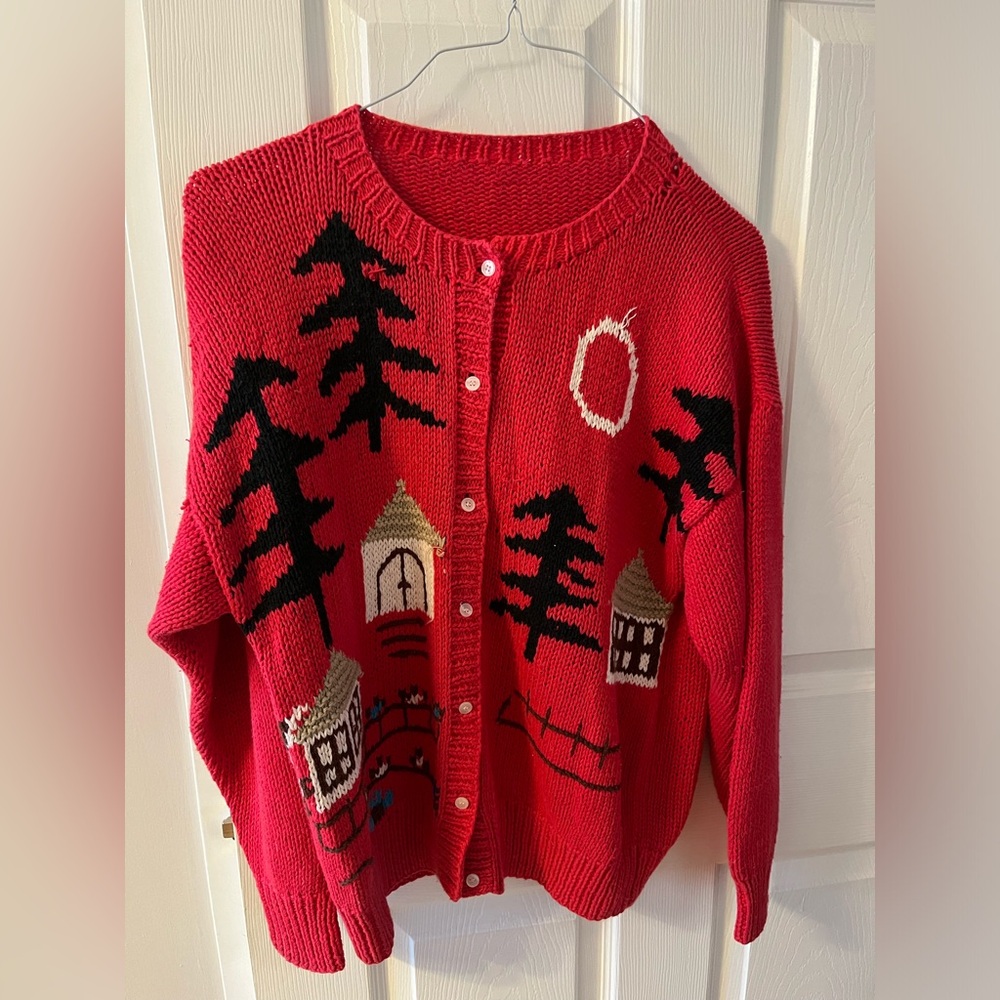 Red Button-Up Cardigan with Tree and House Design